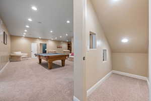 Playroom with recessed lighting, light carpet, and billiards