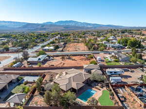 Aerial perspective of suburban area with mountains