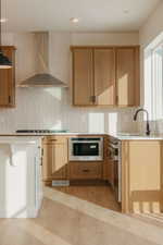 Kitchen featuring backsplash, stainless steel appliances, and pendant lighting