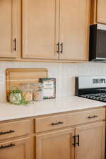 Kitchen view of light wood finish cabinetry, stainless steel gas stove, and tasteful backsplash