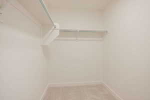 Walk in closet with light colored carpet