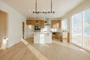 Kitchen featuring light wood finished floors, a breakfast bar, a kitchen island, hanging light fixtures, and stainless steel appliances