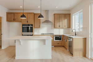 Kitchen with decorative backsplash, decorative light fixtures, light wood-style floors, stainless steel appliances, and a center island