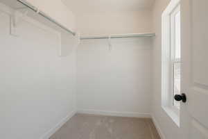 Walk in closet with light colored carpet