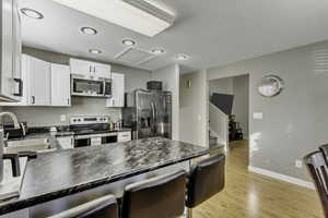 Kitchen with stainless steel appliances, a kitchen bar, white cabinets, and light wood finished floors