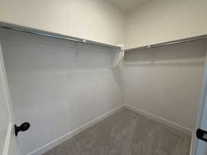 Walk in closet with dark colored carpet