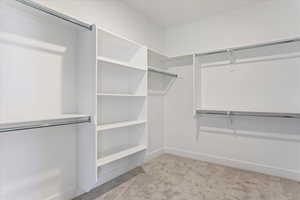 Walk in closet with light carpet