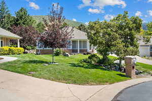 Obstructed view of property with a front yard, a mountain view, brick siding, and roof with shingles