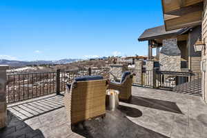 View of patio featuring a mountain view
