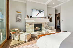 Bedroom with ornamental molding, a stone fireplace, wood finished floors, and a spacious closet