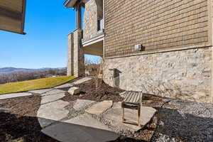View of patio featuring a mountain view
