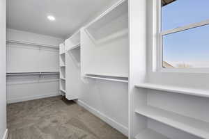 Walk in closet featuring light carpet