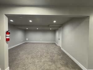 Family Room, Finished basement featuring carpet flooring and recessed lighting.