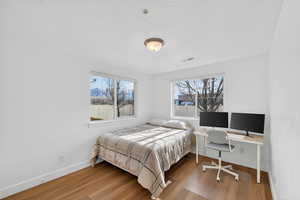Bedroom with wood finished floors, multiple windows, and an office area