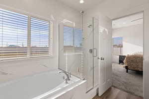 Primary en-suite bathroom featuring separate tub and euro-glass shower, and LVP flooring