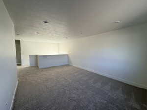 Carpeted spare room with a textured ceiling and baseboards