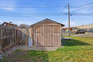 View of shed featuring a fenced backyard