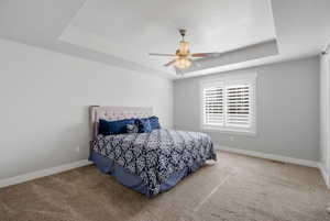 Carpeted bedroom with a tray ceiling and ceiling fan
