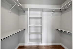 Walk in closet with dark wood-style flooring