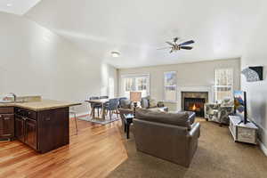 Living room with plenty of natural light, a fireplace, ceiling fan, and light wood-style floors