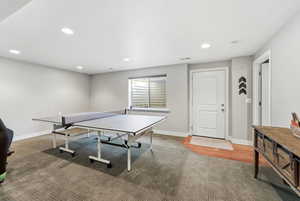 Rec room featuring recessed lighting and carpet flooring