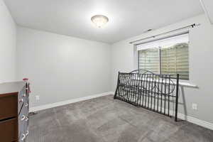 Unfurnished bedroom with carpet floors and a textured ceiling