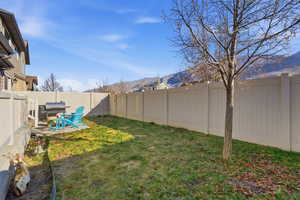 Fenced backyard with a patio area and a mountain view