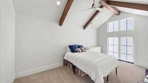 Bedroom with light carpet and recessed lighting
