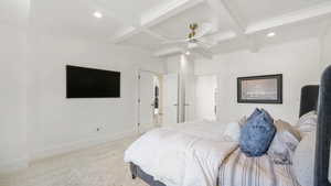 Bedroom featuring coffered ceiling, recessed lighting, carpet flooring, and a ceiling fan