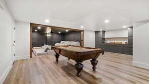 Recreation room featuring light wood finished floors, billiards table, and recessed lighting