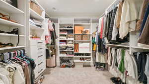 Walk in closet featuring light colored carpet