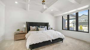 Bedroom with coffered ceiling, carpet floors, recessed lighting, and ornamental molding