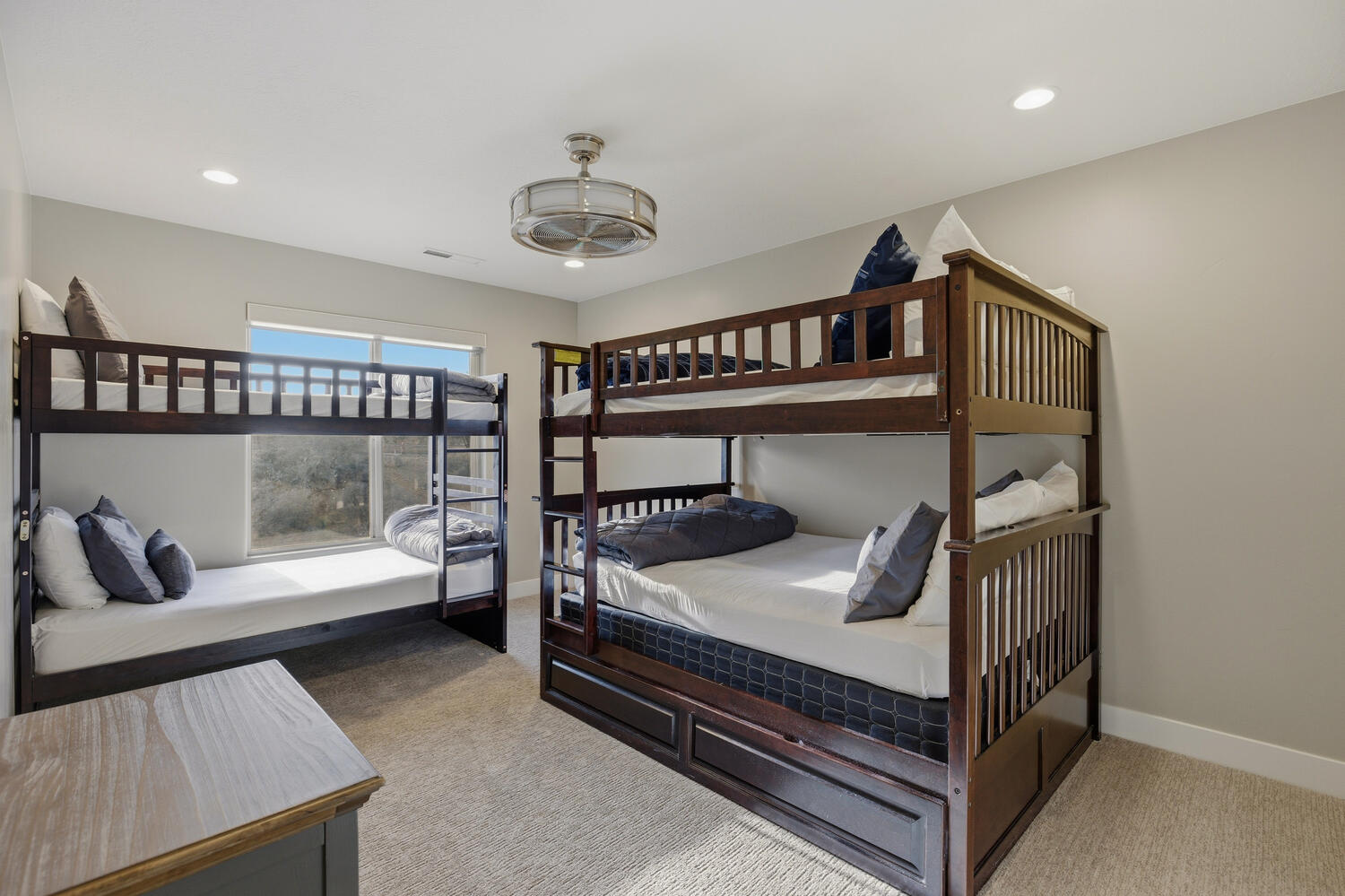Bedroom featuring light colored carpet and recessed lighting