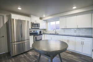 2nd Kitchen down featuring stainless steel appliances, white cabinets, dark countertops, dark wood-style flooring, and recessed lighting