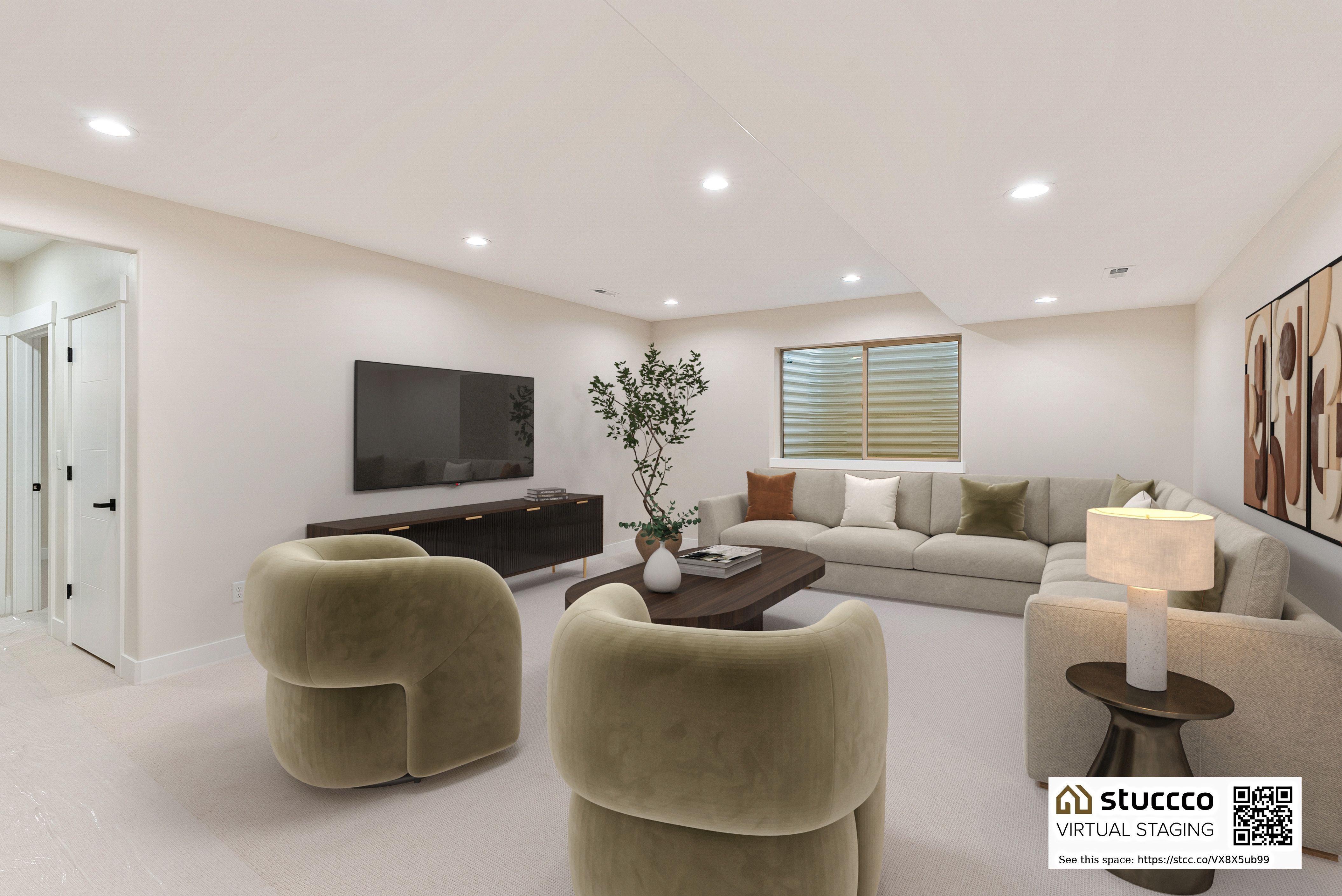 Living room featuring recessed lighting and light carpet - This room is virtually staged.