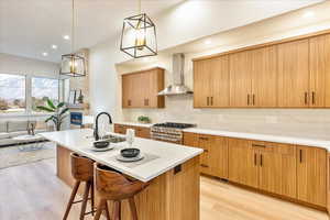 Kitchen featuring an island with sink, a breakfast bar, light wood finished floors, and high end stainless steel range oven