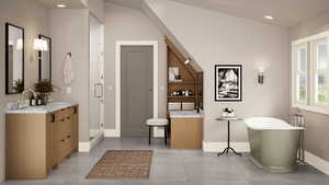 Primary ensuite bathroom w/ Balthazar soaking tub and steam shower