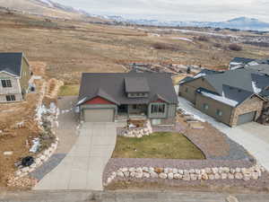 Aerial view of residential area with a mountain backdrop