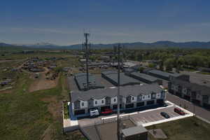 Aerial view of residential area with mountains