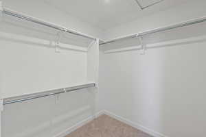 Walk in closet featuring light carpet and attic access