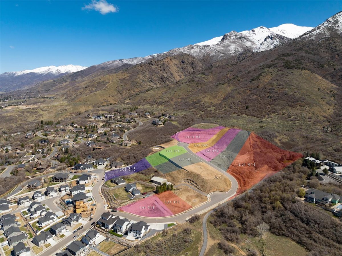 Aerial view of a mountainous background with nearby neighborhood North.   Lot 315 is shaded in Purple