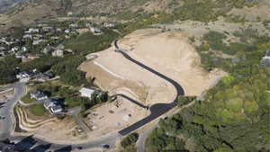 Aerial overview of property's location featuring mountains