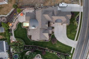Aerial overview of property's location with a pool area