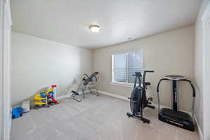 Workout room with carpet and a textured ceiling