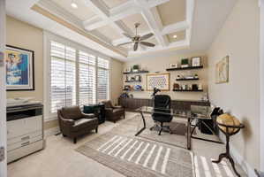 Office area with ceiling fan, coffered ceiling, light colored carpet, and recessed lighting