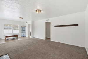 Unfurnished living room with a textured ceiling and carpet flooring