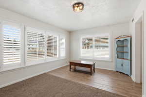 Unfurnished room featuring light wood-style flooring, light colored carpet, and a textured ceiling