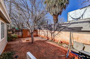 Fenced backyard with a patio