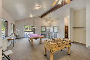 Game room with billiards table and ceiling fan