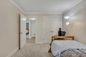 Bedroom with a closet, crown molding, and light carpet